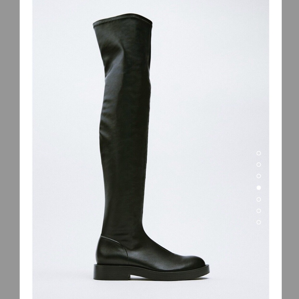 Zara Black Vegan Faux Leather Flat Tigh High Over Knee Boots 39